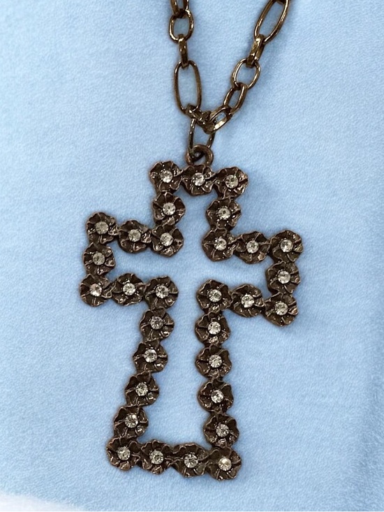 Jewelry - Unique Bronze Cross Pendant Necklace With Silver Crystal Accents. NWT